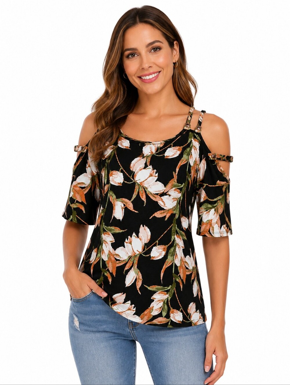 Naif Cold Shoulder Floral Short Sleeve Blouse with Embellishment Shoulders Black